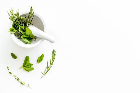 Healing herbs for medicine on white background top view mockupの写真素材