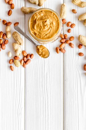 peanut butter for cooking breakfast at home on white background top view mock upの写真素材