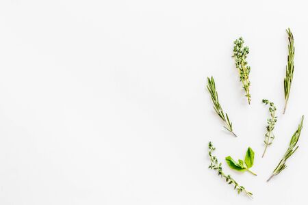 Alternative medicine with medicinal herbs on white background top view mock upの写真素材