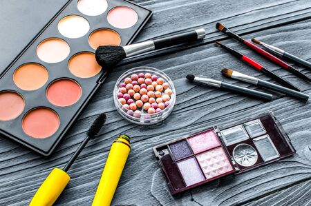 set of decorative cosmetics on wooden backgroundの写真素材