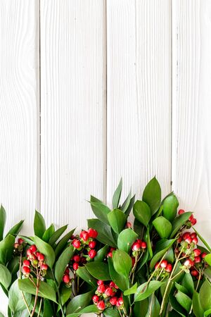 Summer design. Green leaves and red berries frame on white wooden background top view copyspaceの写真素材