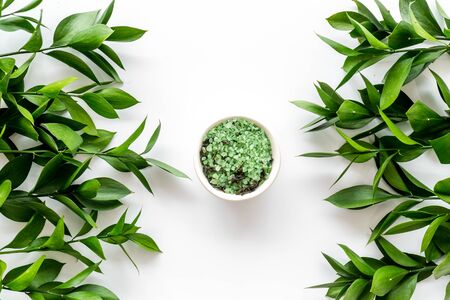 homemade spa with cosmetic from herbs on white background top viewの写真素材