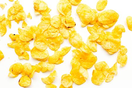 Potato crisps pattern on white background top view