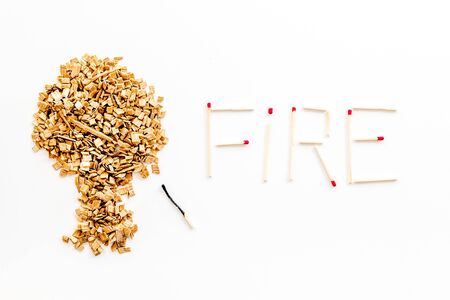 Symbol of fire in woods with tree from kindling and word fire from matches on white background top viewの写真素材