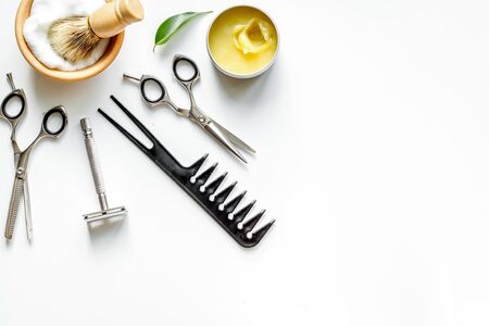 Mens hairdressing desktop with tools for shaving top view