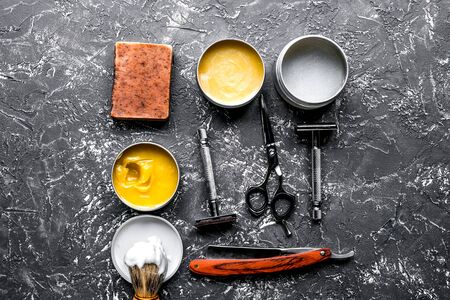 barbershop for men with tools on gray background top view mock upの写真素材