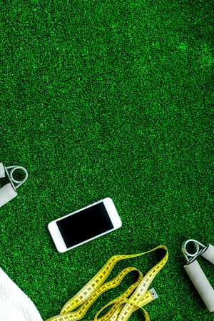 concept preparing to fitness sports equipment top view mock upの写真素材