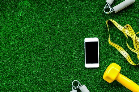 concept preparing to fitness sports equipment top view mock upの写真素材