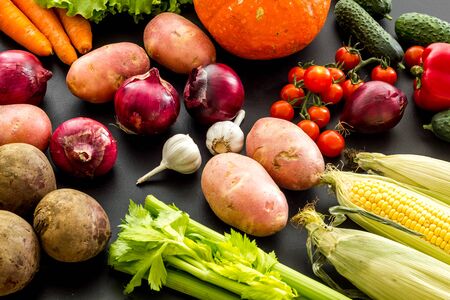 Fresh vegetables still life. Potato, cucumber, beet carrot, greenery on black backgroundの写真素材