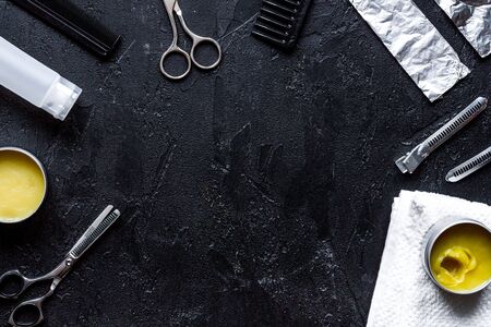 hairdresser working desk preparation for cutting hair top viewの写真素材