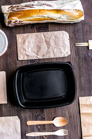 delivery set with paper bags and sandwich top view space for textの写真素材