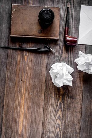 author office in professional writer concept on wooden work desk background top view mock upの写真素材