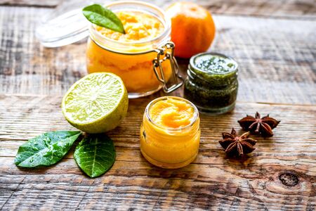 organic citrus scrub homemade on wooden backgroundの写真素材