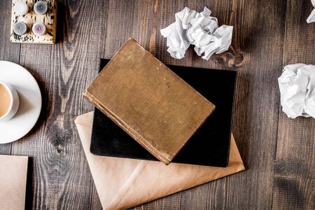 writier tools in profession concept on woode background top viewの写真素材