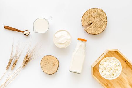 Cottage cheese, milk, cream. Healthy food for breakfast top viewの写真素材