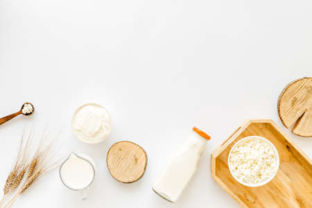 Dairy products - cottage cheese, milk, cream - top view copy spaceの写真素材