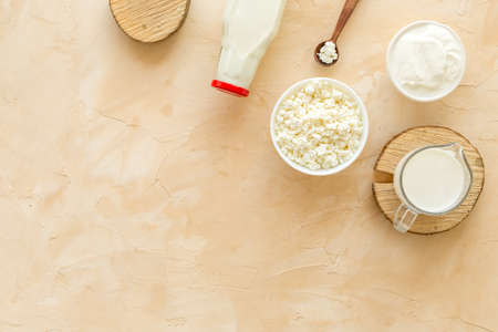 Dairy products - cottage cheese, milk, cream - top view copy space