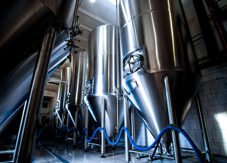 Brewing production steel silver vats with monometrの写真素材