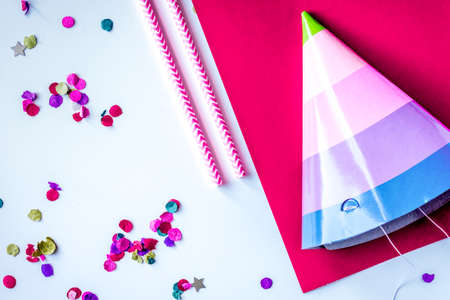 concept birthday party top view on white background mock up