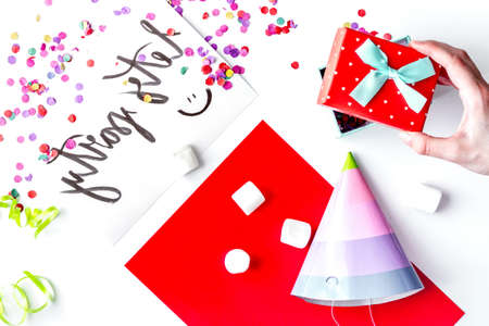 concept birthday party top view on white background mock up