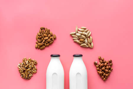 Top view of non-dairy lactose free milk with nutsの写真素材