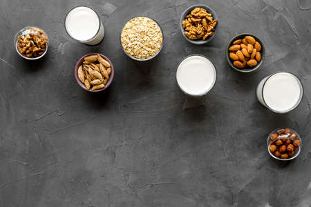 Vegan non-diary milk. Alternative types of milk with nuts and oatの写真素材