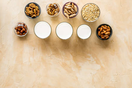 Lauout of vegan plant based milk. Above viewの写真素材