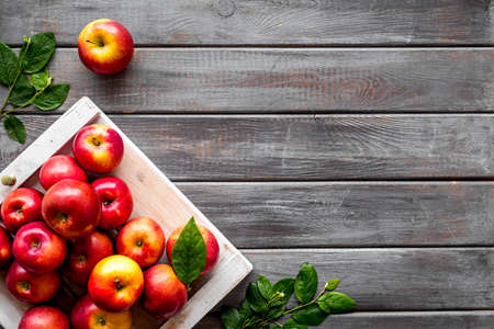 Group of red apples in wooden tray with leaves. Autumn harvest