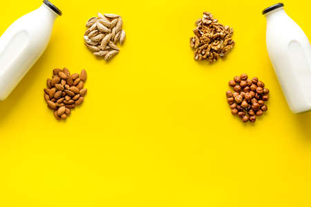 Almond, hazelnut, walnut milk in bottles - top view