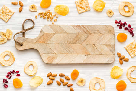 Healthy snacks for students - nuts and fruits mix top viewの写真素材