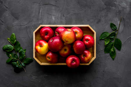 Group of red apples in wooden tray with leaves. Autumn harvest