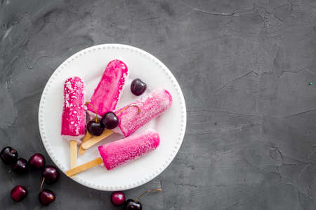 Cherry ice cream, top view, copy spaceの写真素材