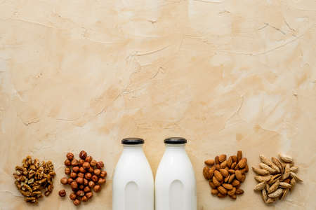 Dairy free milk protein nuts drink. Top view, copy spaceの写真素材