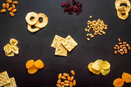 Pattern of snacks mix top view - nuts and dried fruitsの写真素材