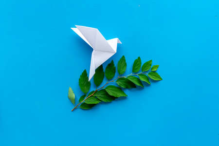 Origami pigeon. World Peace Day, care concept. Top viewの写真素材