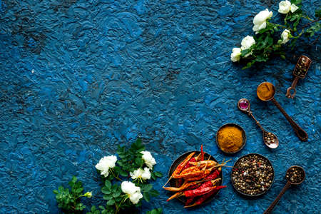 Layout of mixed hot spices and herbs, top view