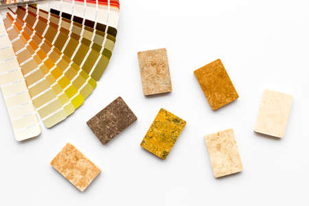 Wooden board floor and furniture samples with color scheme. Top view