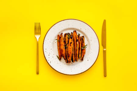 Roasted sweet potato with spaces, top viewの写真素材