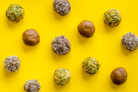 Food pattern of homemade energy balls with dried fruita and coconutの写真素材