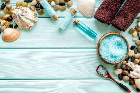 Spa treatments set with sea cosmetics - salt and aroma oil. Top viewの写真素材