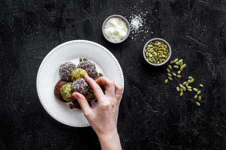 Granola raw energy balls on a plate, top viewの写真素材