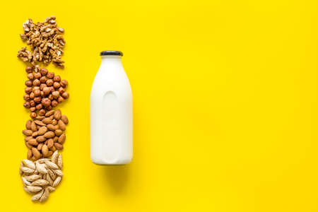 Above view of non-dairy milk alternative - almond hazelnut walnut milkの写真素材
