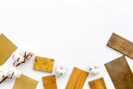 Selection of ceramic stoneware and marble wooden samples for designer interior