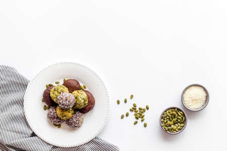 Granola raw energy balls on a plate, top viewの写真素材