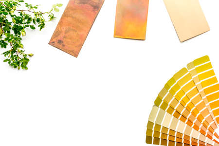 Color scheme with samples of material - kitchen countertops and wooden cabinet. Flat lay