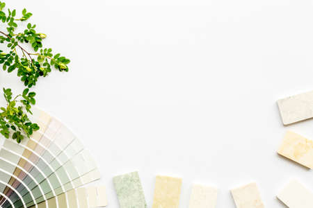 Interior design selection of material samples with color scheme. Top view