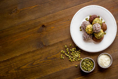 Granola raw energy balls on a plate, top viewの写真素材