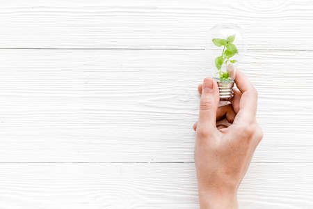 Hand holds light bulb with grass inside - green energy concept, top view