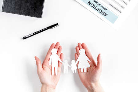 family paper figures in adopting concept on white background top view
