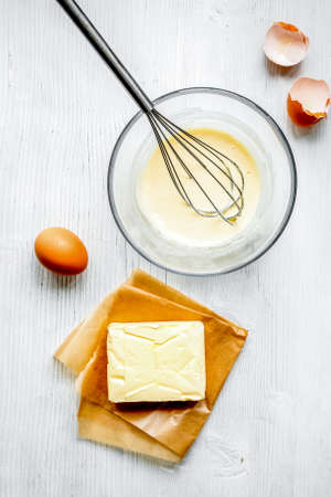cooking pancake on white background top view ingredients for making